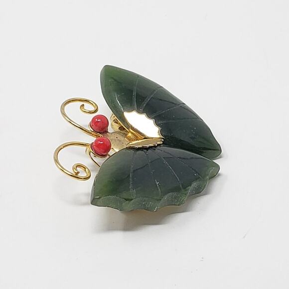 Gold-tone & Faux Jade Green Stone Red Eye Butterfly Brooch - Picture 2 of 8